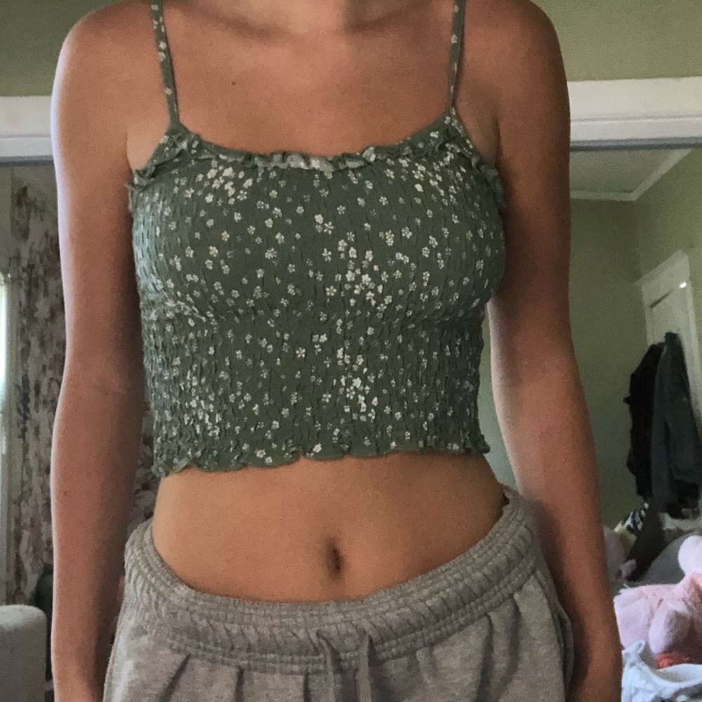 Green smocked floral tank